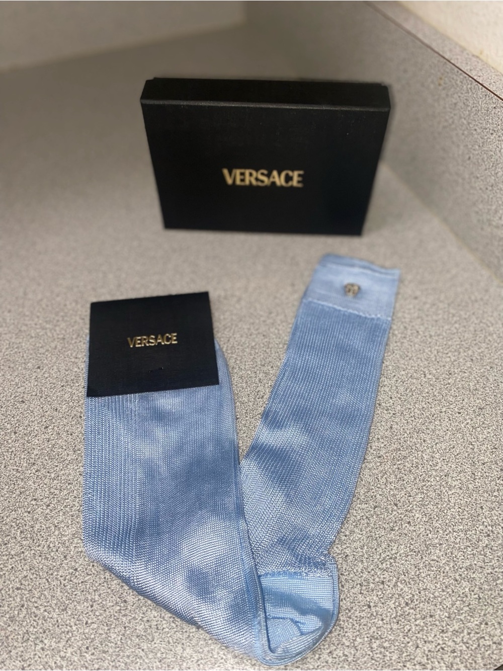 Versace Light Blue Ribbed Knit Women’s Socks Size Large (US 10/11) NWT